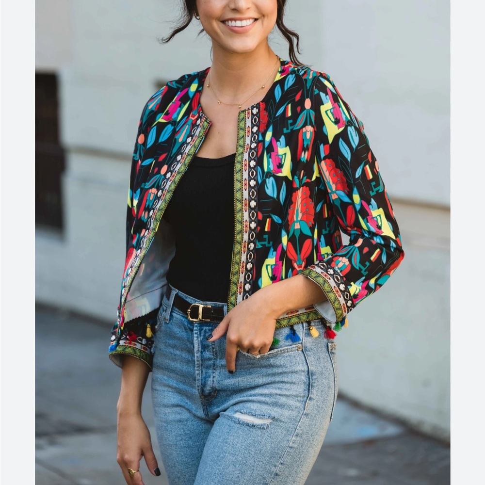 Boho Floral Artisan Open-Front Cropped Jacket - Picture 3 of 7